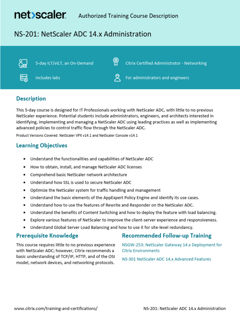 NS 201 NetScaler ADC 14.x Administration | PDF | Load Balancing ...