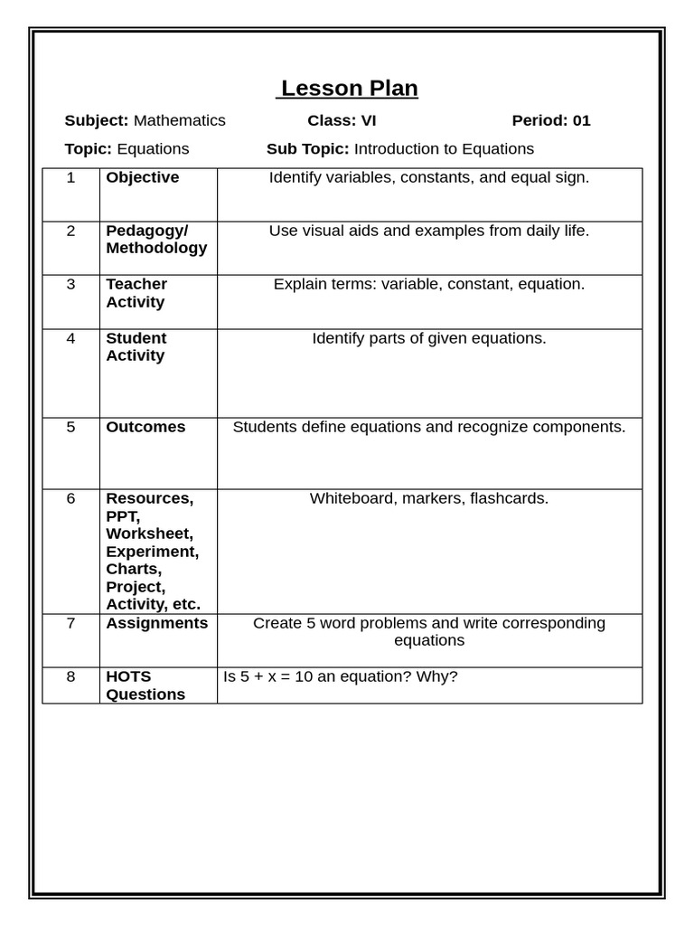 Lesson Plan Mathematics Class 6 | PDF