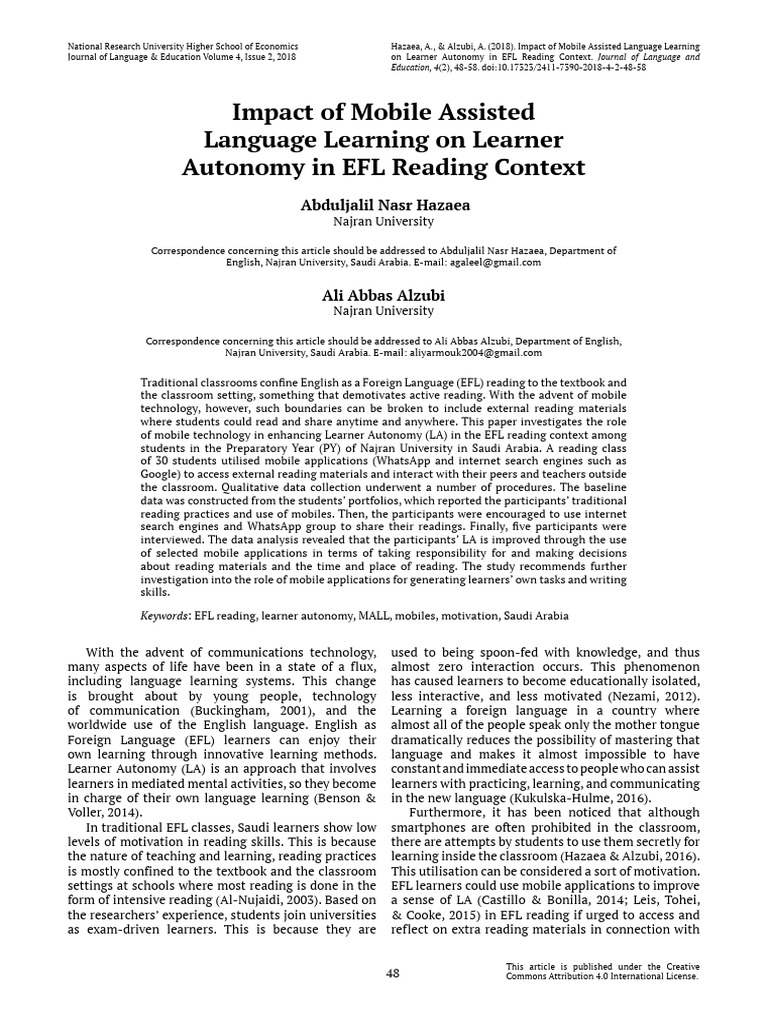 Impact of Mobile Assisted Language Learning On Learner Autonomy in Efl ...