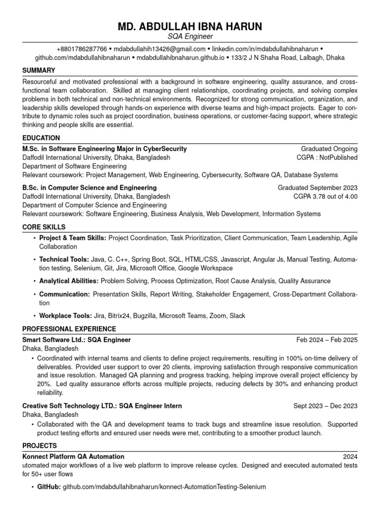 MD Abdullah Ibna Harun SQA Engineer Resume | PDF | Web Development ...