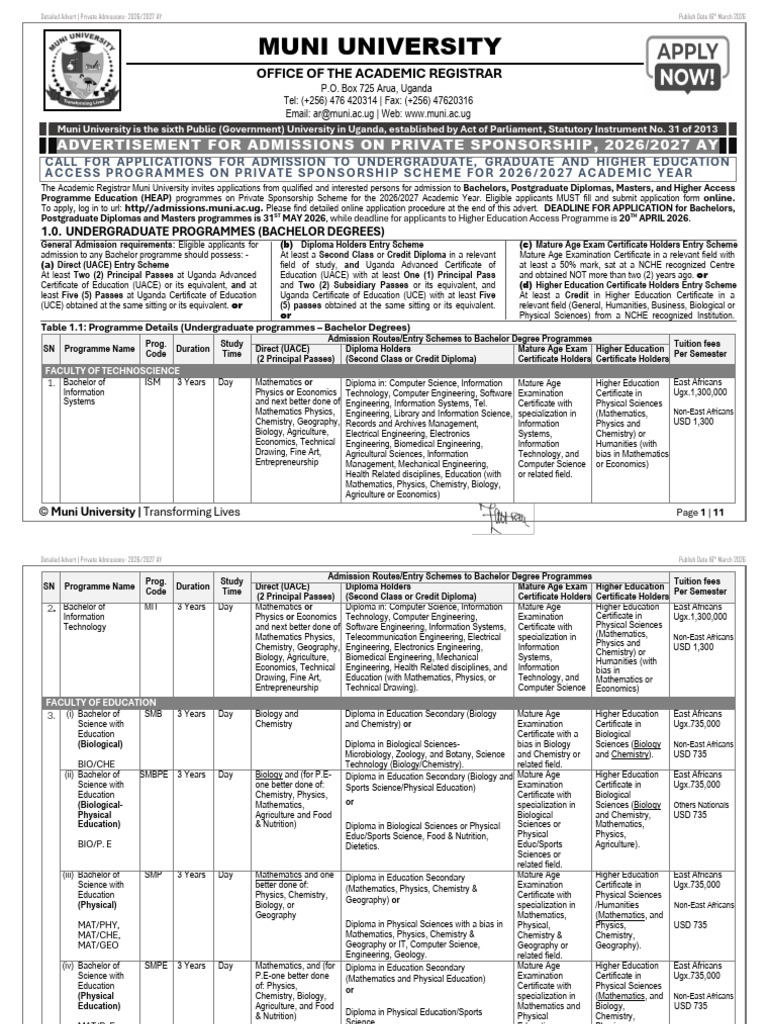 Muni University - Call For Applications 2026-2027 AY | PDF | Academic ...