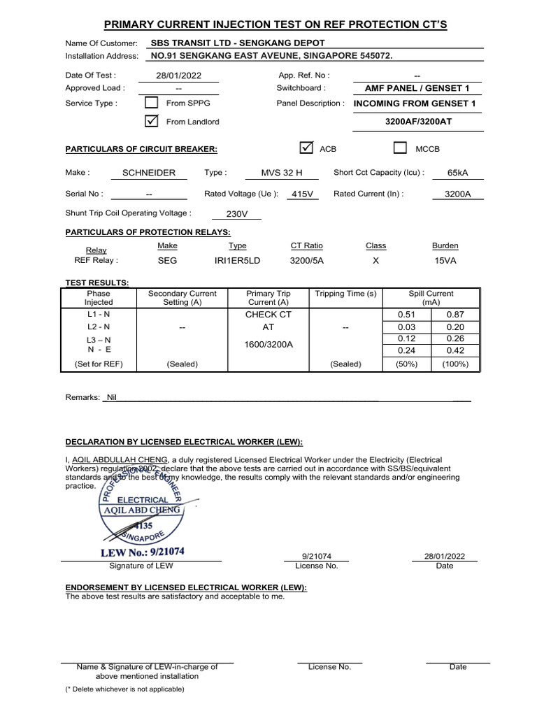 Sengkang Depot PI & SI Test Report (REF) | PDF | Relay | Power Engineering