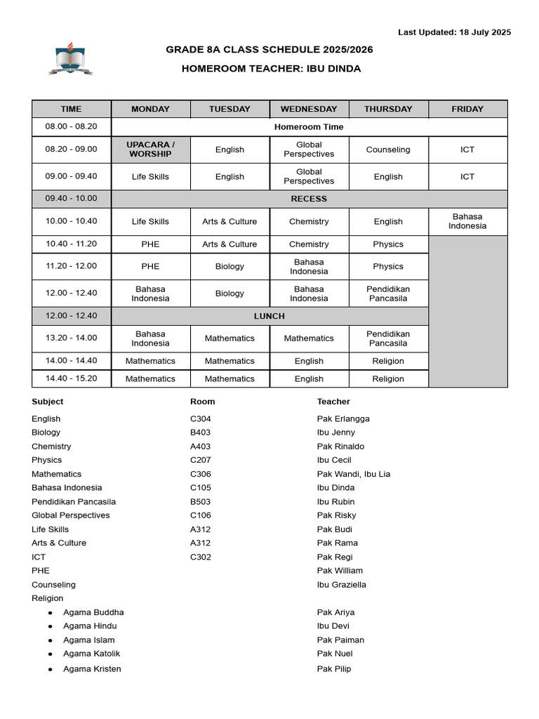 G8A Class Schedule - Term 1 2025-2026 | PDF