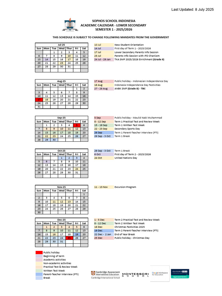 Semester 1 Academic Calendar 2025-2026 - Lower Secondary | PDF ...