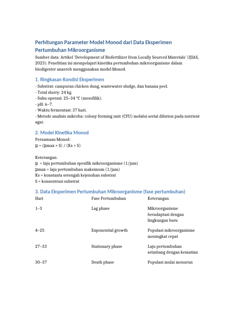 Perhitungan Model Monod Mikroorganisme | PDF