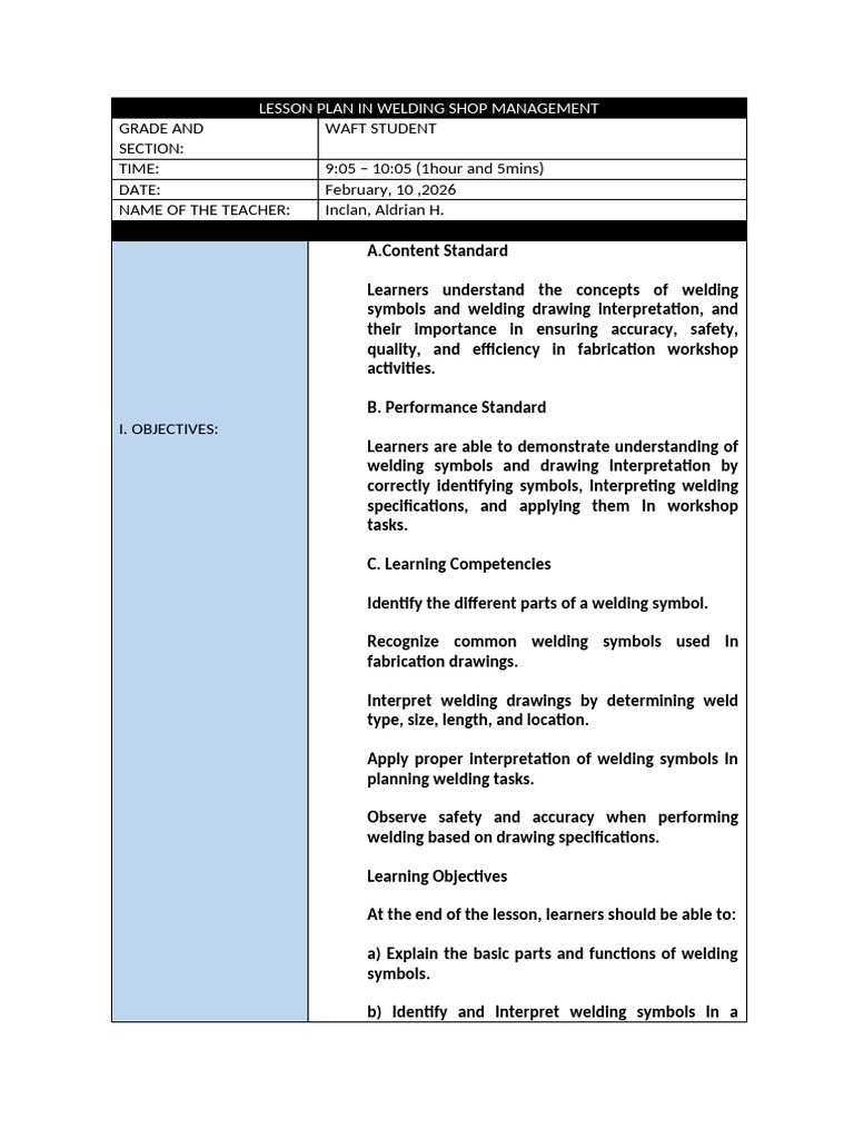 Lesson Plan in Welding Shop Management by Inclan Cutiee Pogi | PDF ...