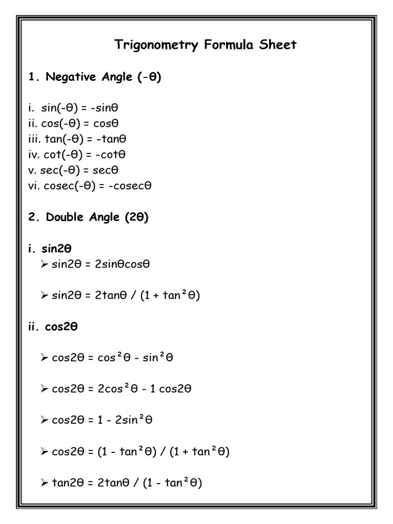 Trigonometry Formula Sheet Final | PDF