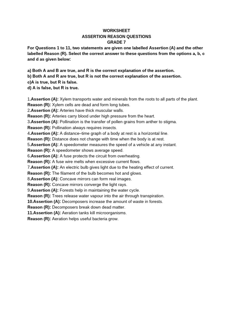 Grade 7 Assertion Reasoning Worksheet | PDF