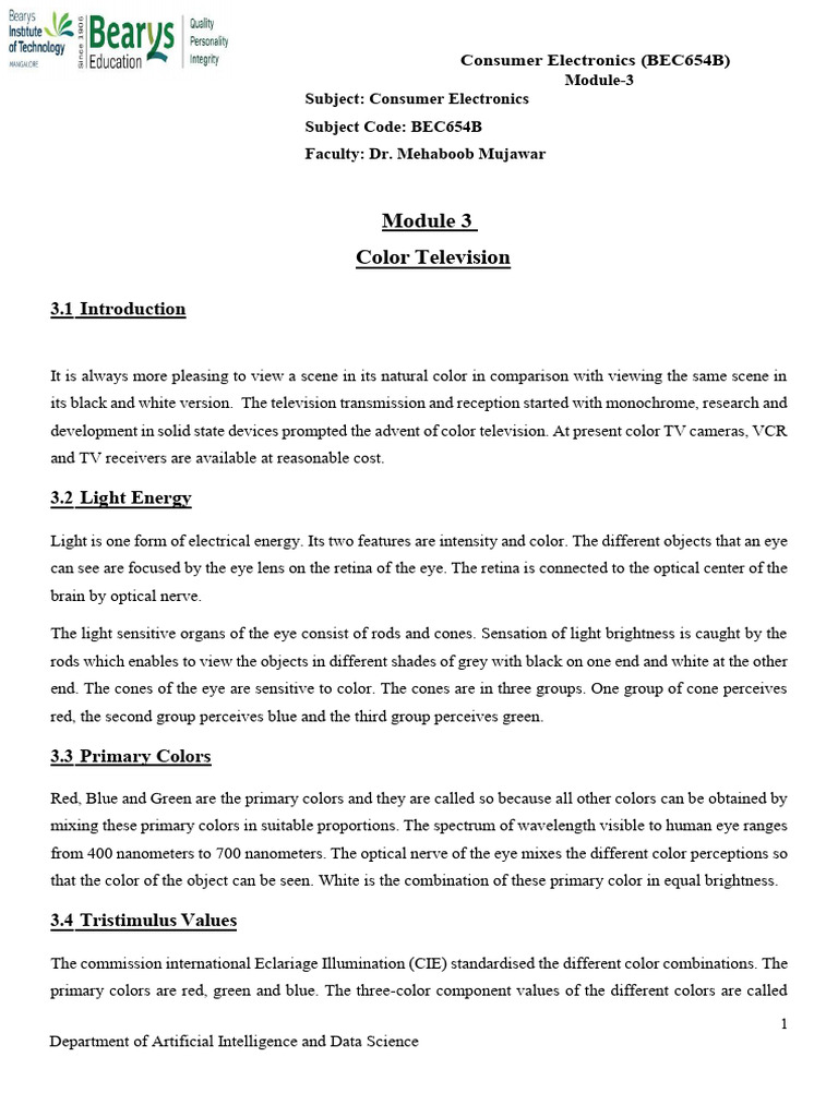CE Mod 3 Notes | PDF | Color | Digital Television
