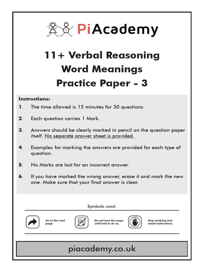 11 Plus Verbal Reasoning Paper 3 Word Meanings Jzs | PDF