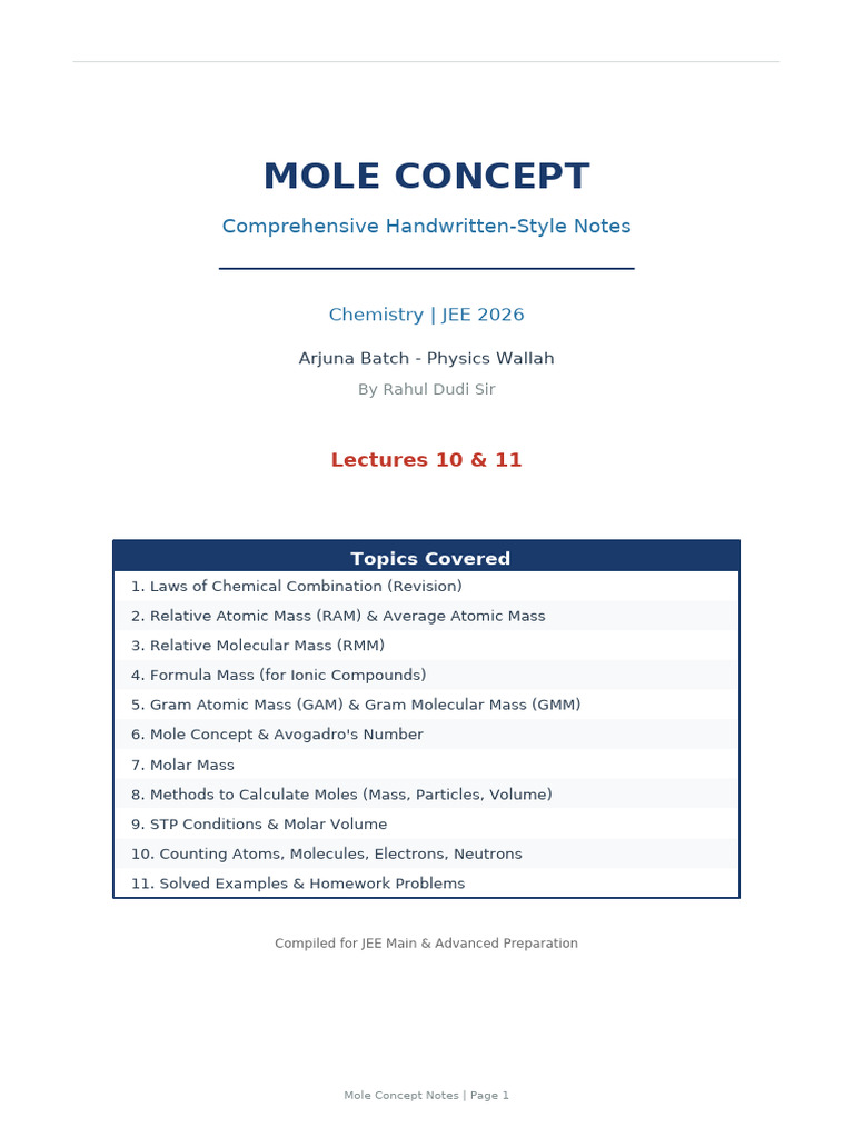 Mole Concept Complete Notes 10 11 | PDF | Mole (Unit) | Molecular Mass
