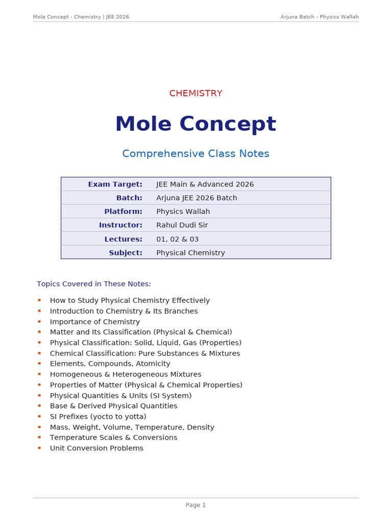 Mole - Concept - Complete - Notes - JEE2026 - 01, 02 & 03 | PDF ...