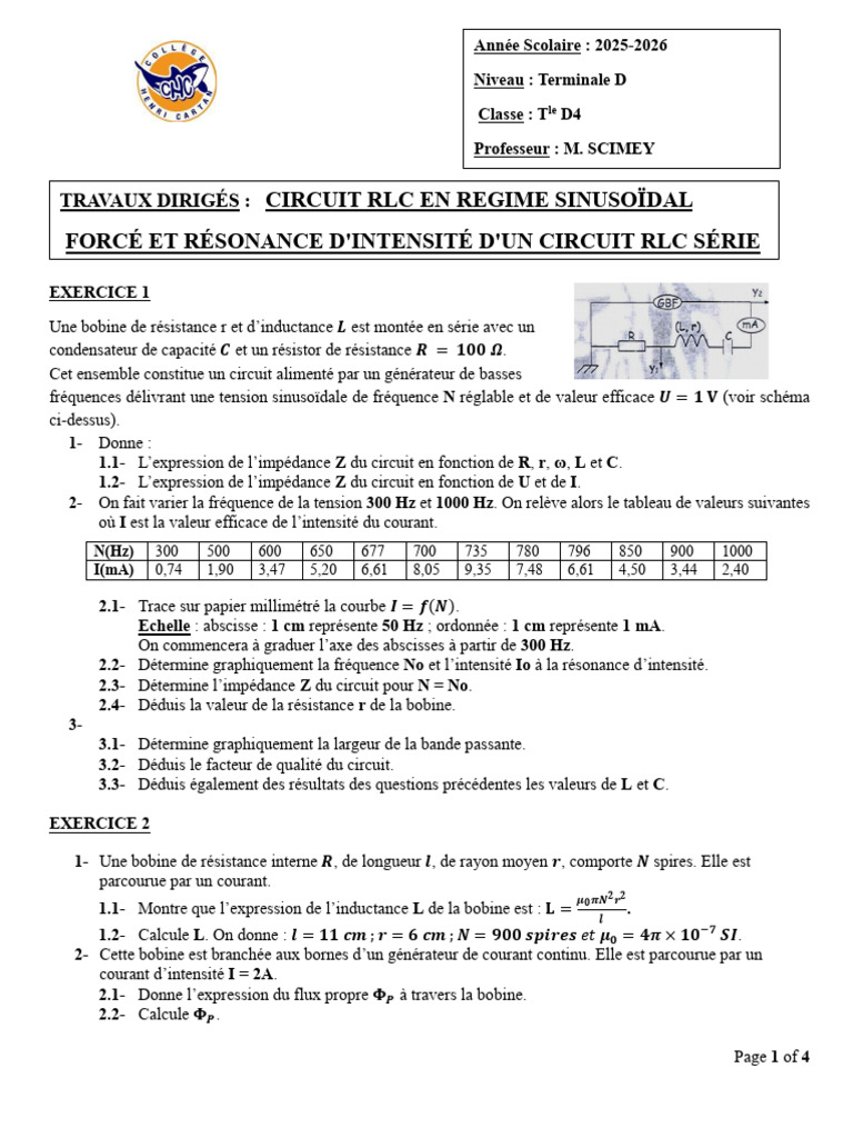 Travaux Dirigés Sur Circuit RLC en Regime Sinusoïdale Forcé Et ...