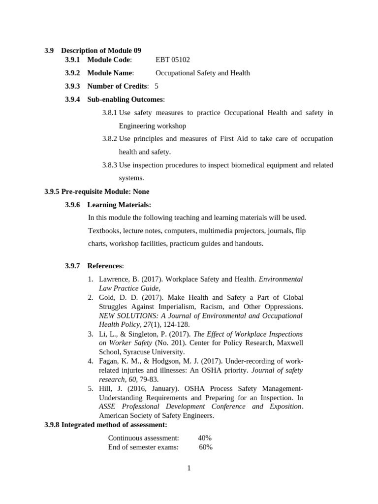 Assessment Plan-Occupational Safety and Health | PDF | Occupational ...