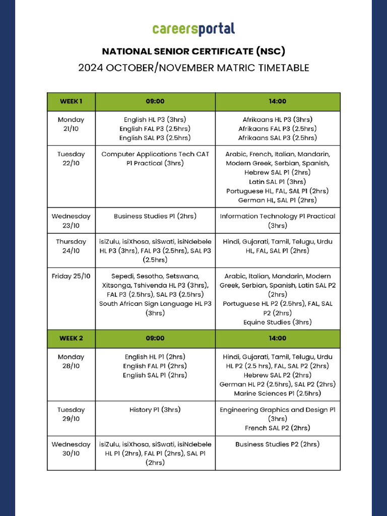 Matric Timetable | PDF