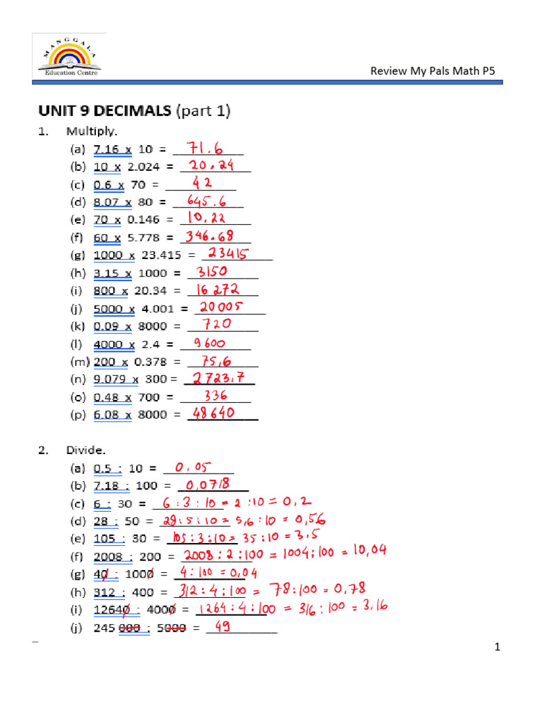Unit 9 Decimal - Answers | PDF