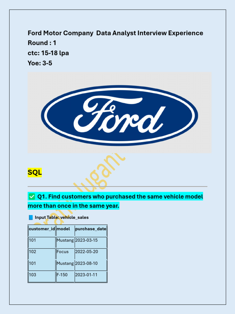 Ford Motor Company Data Analyst Interview | PDF | Sql | Data Management