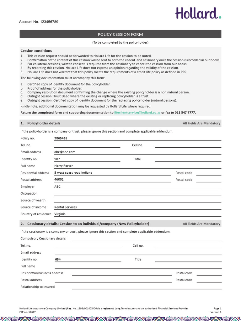 Policy Cession Form | PDF | Insurance | Life Insurance