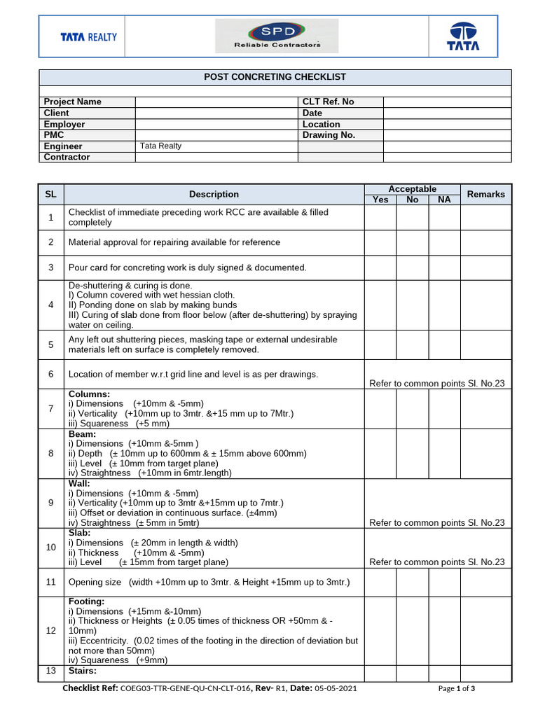 Post Concreting Checklist | PDF | Stairs | Architectural Elements