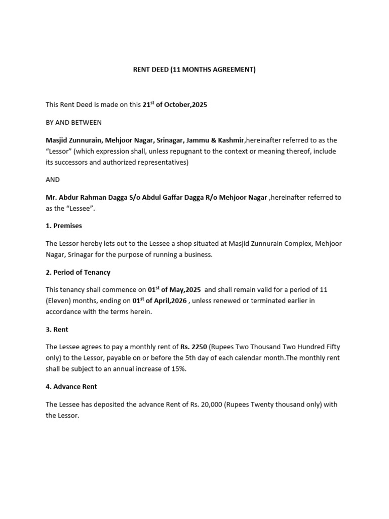 Rent Deed | PDF | Lease | Landlord–Tenant Law