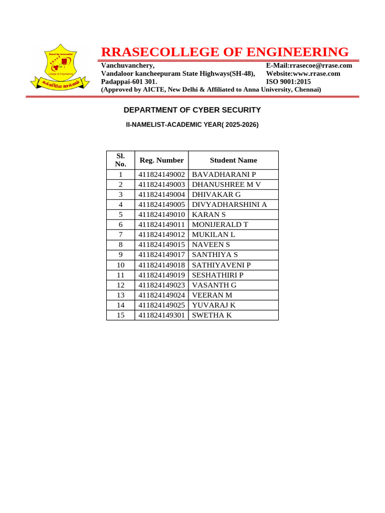 II Yr Namelist | PDF