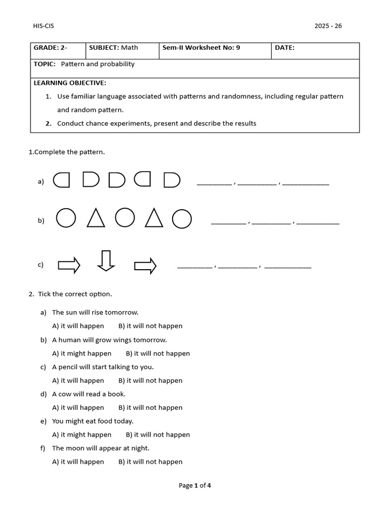 Worksheet 9 Pattern, Probabities With Answers | PDF