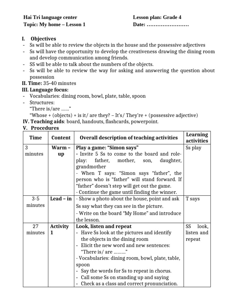 Grade 4 - U2 - l1. Lesson Plan | PDF | Human Communication | Learning