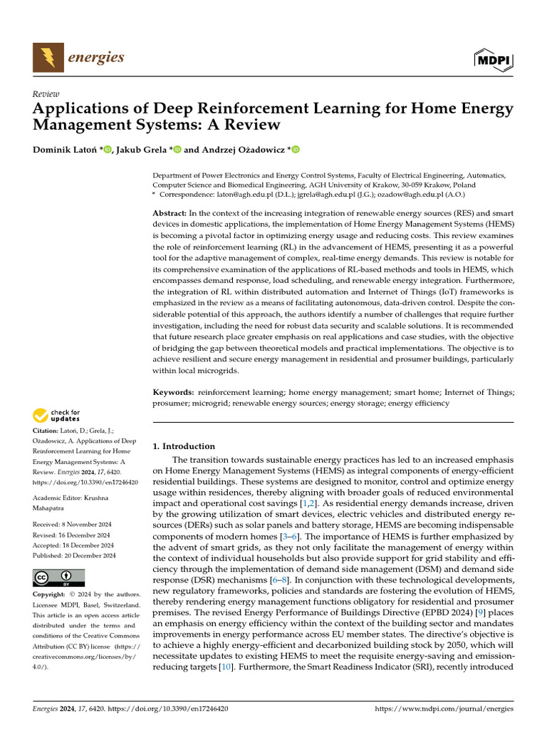Applications of Deep Reinforcement Learning For Home Energy | PDF ...