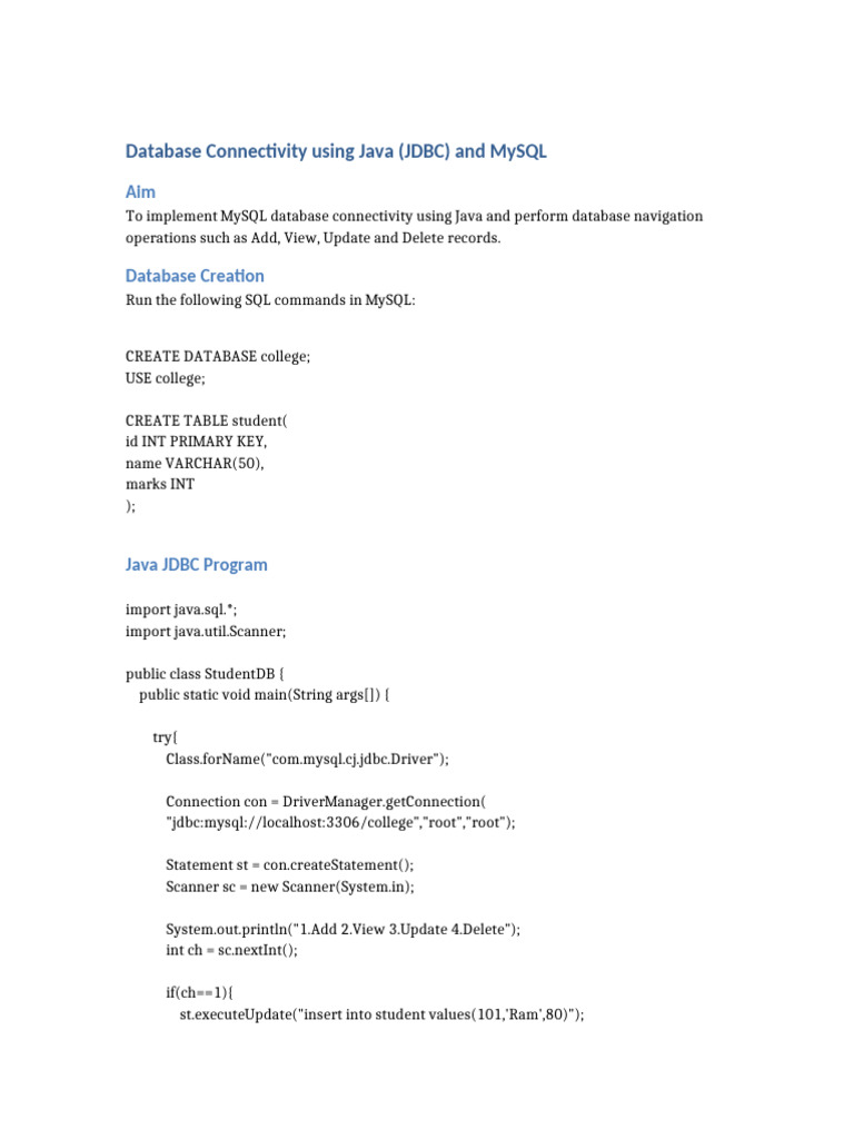 Database Connectivity JDBC MySQL | PDF