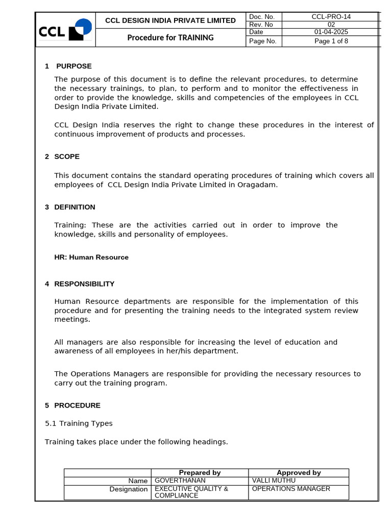 CCL-PRO-14 Procedure For Training | PDF | Employment | Human Resource ...