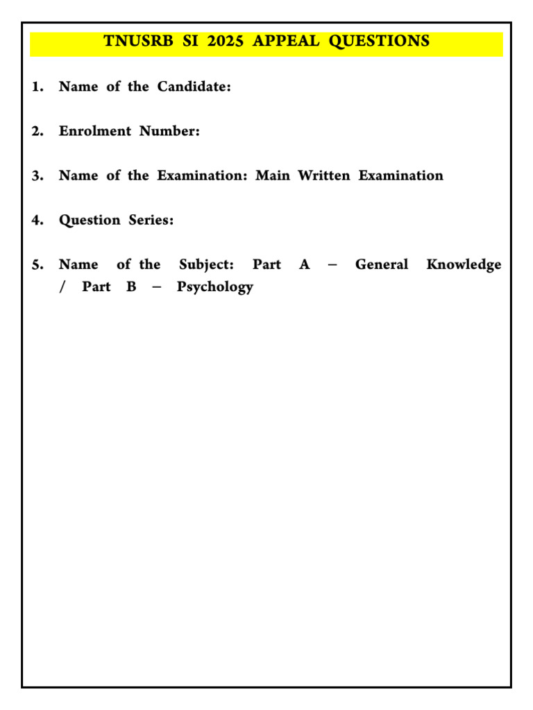 Tnusrb Si 2025 Appeal Questions | PDF