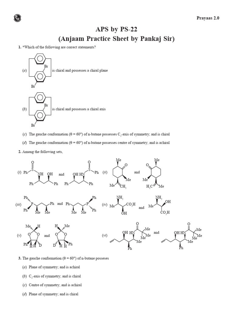 Anjaam Practice Sheet 22 1 | PDF | Chirality (Chemistry) | Chlorine