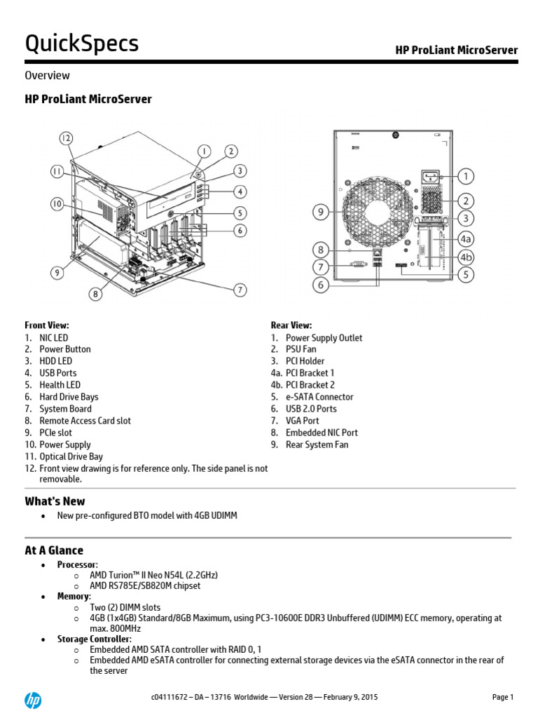 HPE - c04111672 - HP ProLiant MicroServer QuickSpecs | PDF