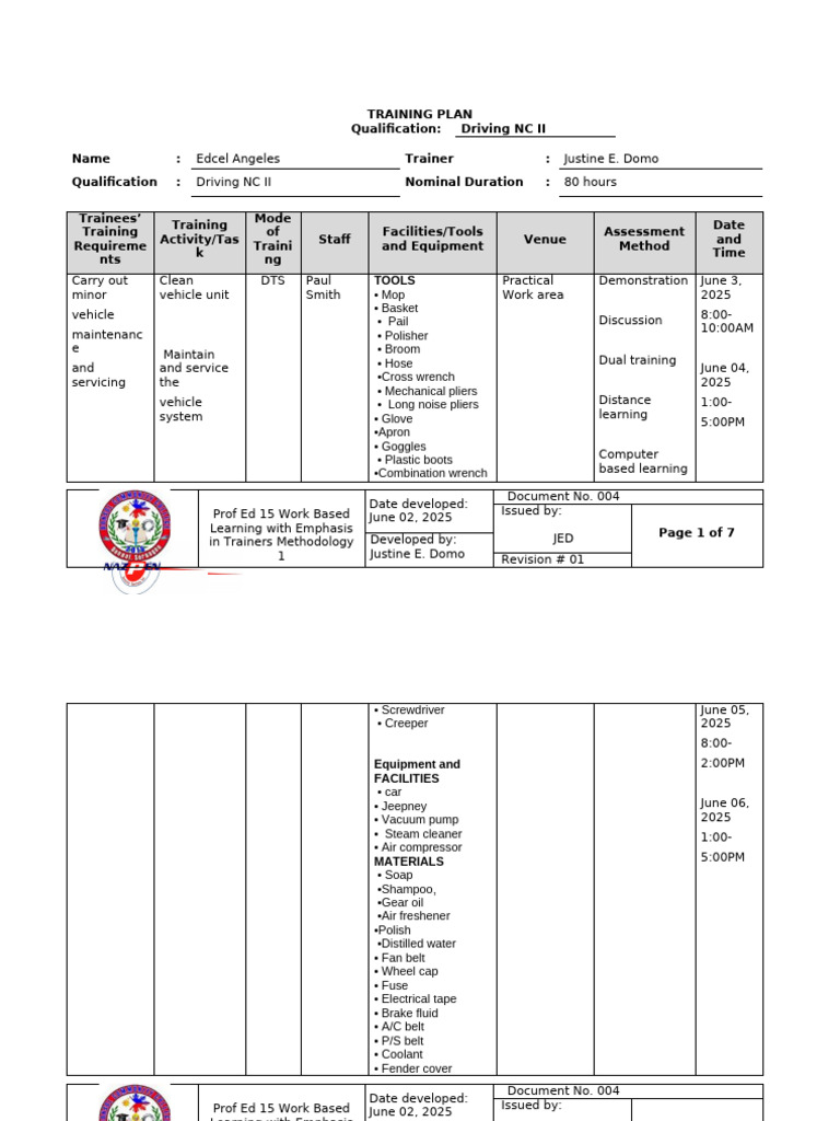 Training Plan - 063417 | PDF | Mechanical Engineering | Vehicles