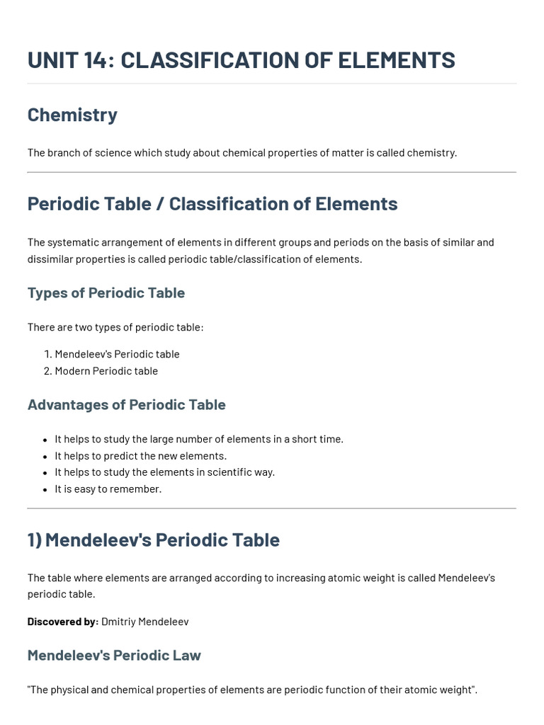 Classification of Elements - Notes | PDF | Periodic Table | Electron ...