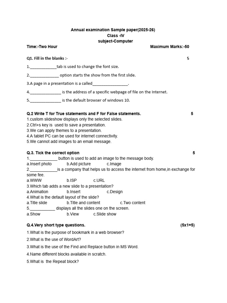 Annual Examination Sample Paper (2025-26) Class IV | PDF | World Wide ...
