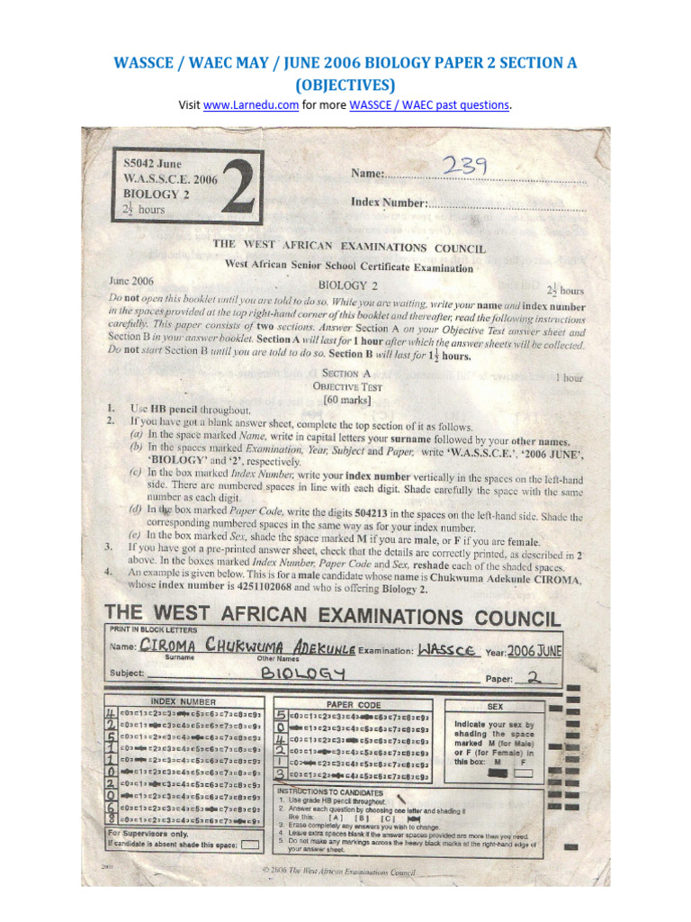WASSCE WAEC Biology May June 2006 Paper 2 Section B Theory 2 | PDF