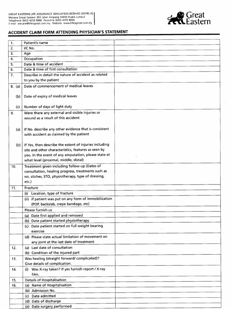 Great Eastern Life Accident Claim Form Attending Physician's