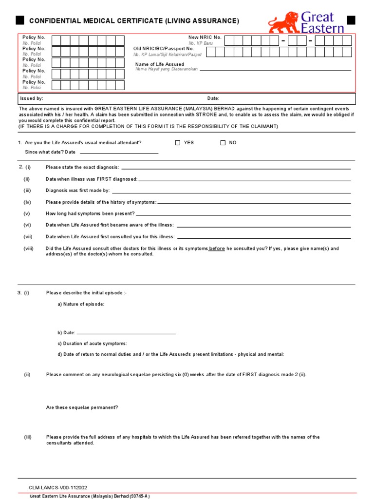 Great Eastern Life_Confidential Medical Certificate (Stroke) _CLMLAMCS