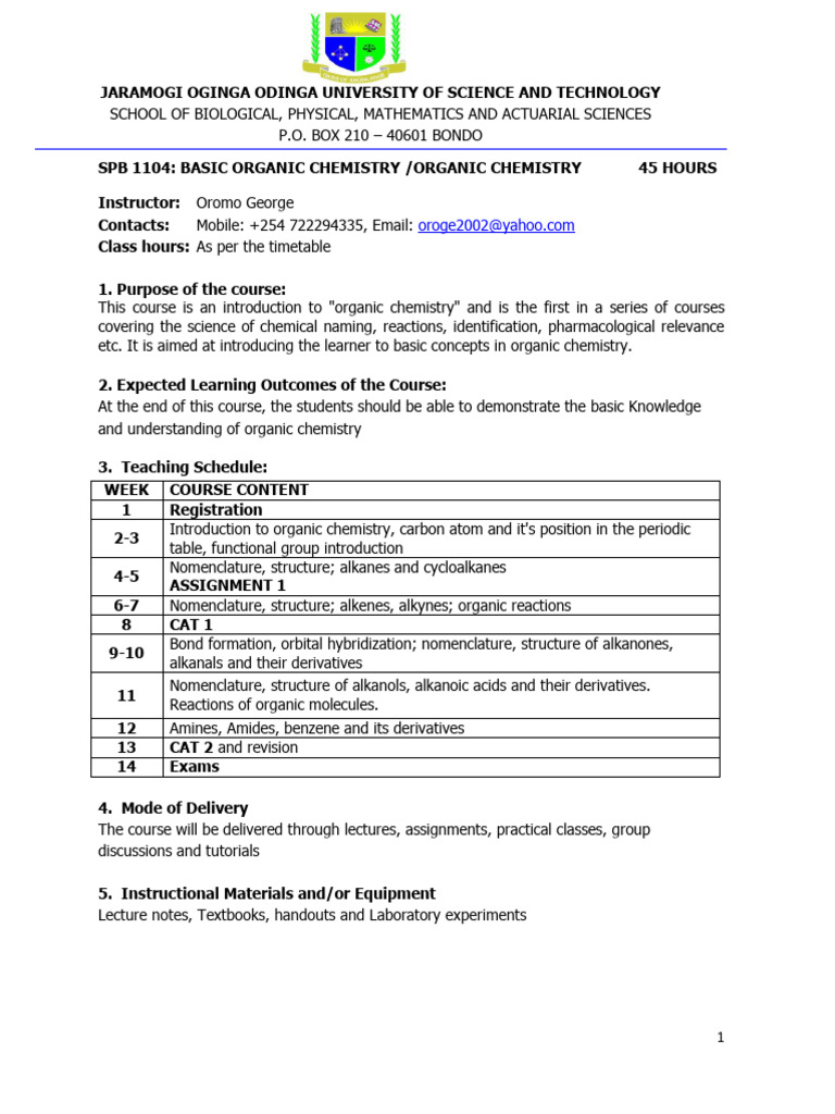 SPB 1104 Organic Chemistry Course Outline | PDF | Organic Chemistry ...