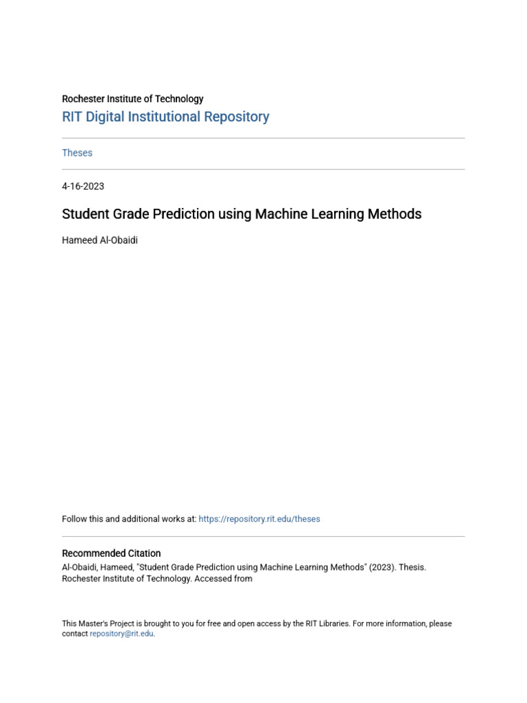 Student Grade Prediction Using Machine Learning Methods | PDF | Machine ...