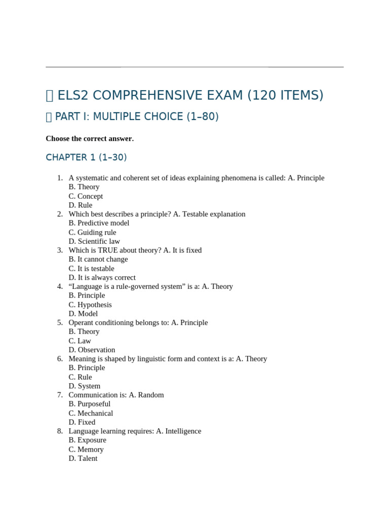 Els2 Practice Questions | PDF | Semantics | Language Acquisition