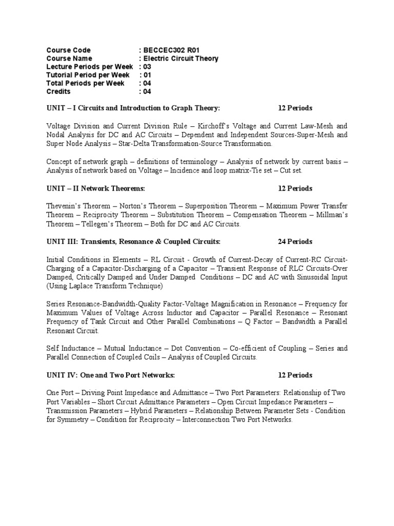 Electric Circuit Theory Syllabus | PDF | Network Analysis (Electrical ...