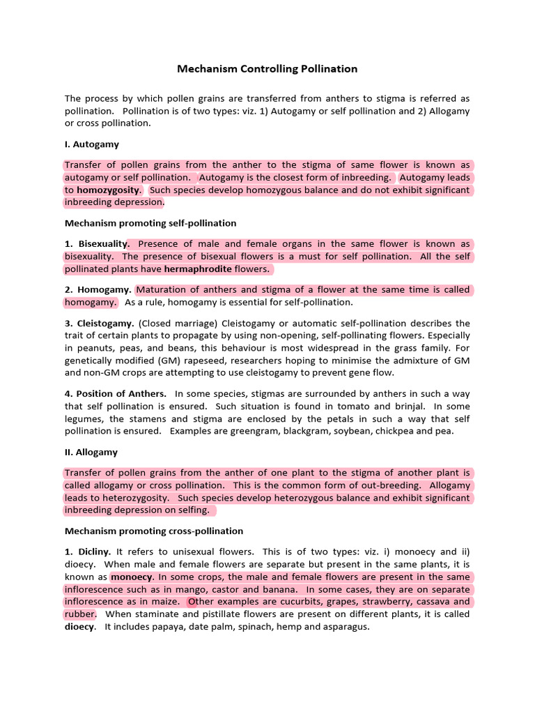 Mechanism Controlling Pollination | PDF | Pollination | Flowers