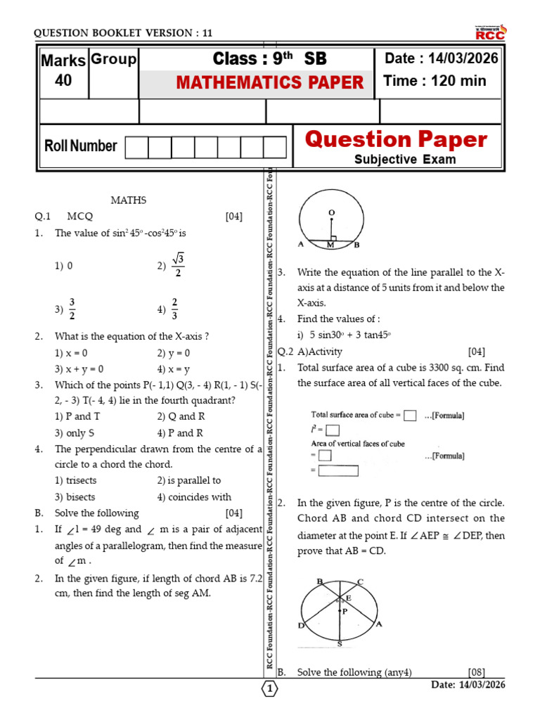 9th SB Math 14-03-26 | PDF | Circle | Area