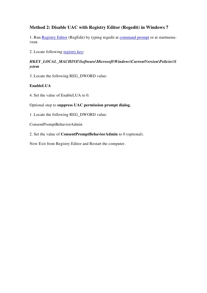 Method 2: Disable UAC With Registry Editor (Regedit) in Windows 7 | PDF