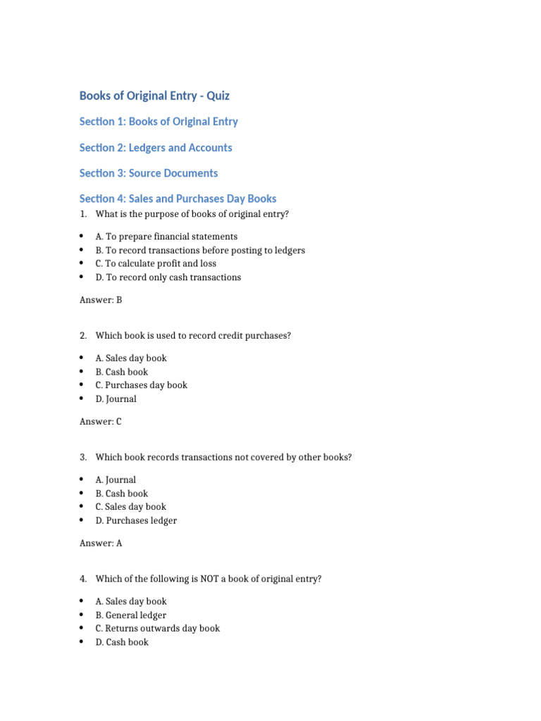 Books of Original Entry Quiz | PDF | Debits And Credits | Balance Sheet