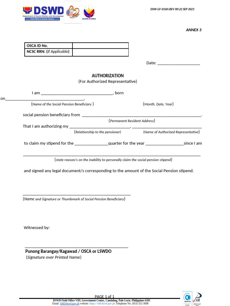 DSWD Authorization Form | PDF