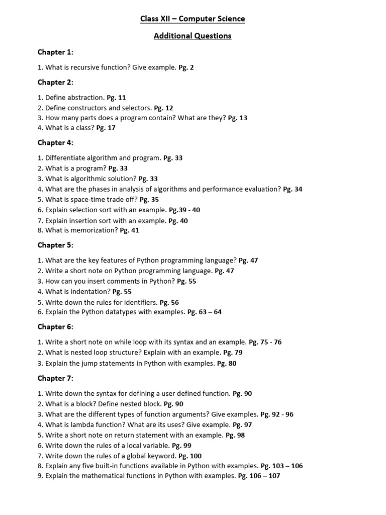 Class 12 CS - Additional Questions | PDF | Sql | Python (Programming ...