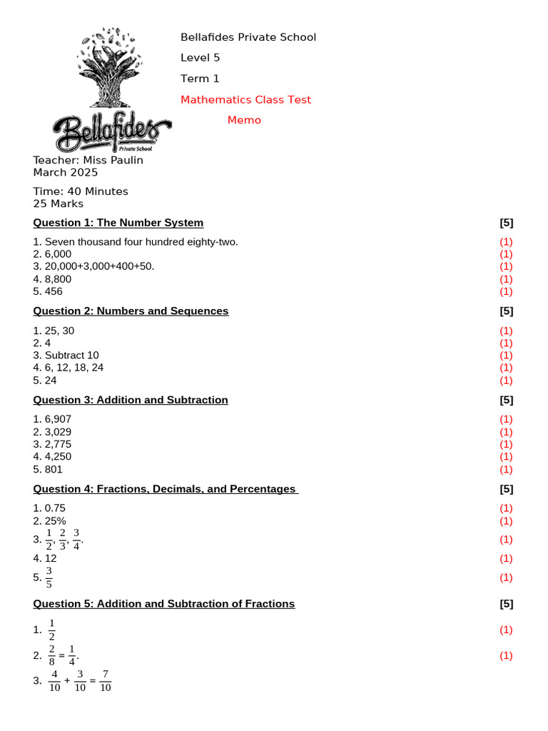 Level 5 Maths Activity Test Memo | PDF